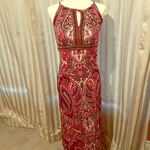 Maxi dress with pink, silver and brown beads.